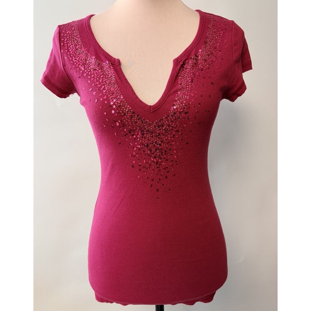 Y2K Fang Top Womens V- Neck 2000s Large‎ Mcbling Sequin Pink Slim Fitted Stretch